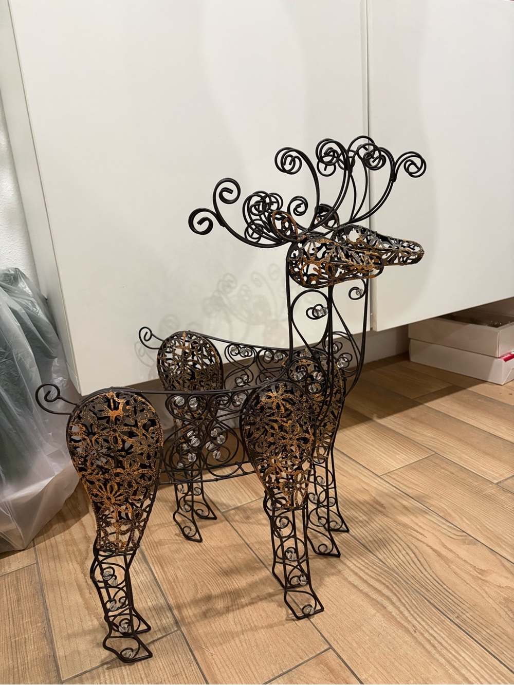 2- Decorative Metal Reindeer Sculpture - Black with Bronze Accents